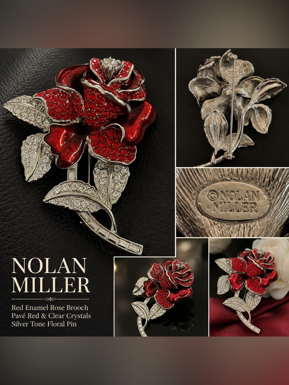 Nolan Miller First Lady Red Enamel and Crystal Rose Brooch